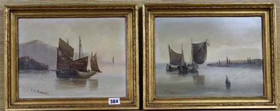 Edward King Redmore (1860-1941), pair of oils on board, fishing boats at sea, signed, 23 x 30cm.